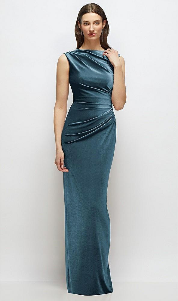 high-neck cap shoulder pleated bodice velvet column maxi dress