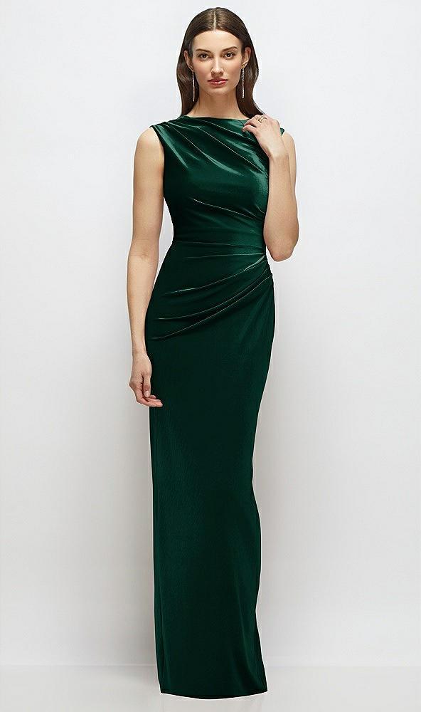high-neck cap shoulder pleated bodice velvet column maxi dress