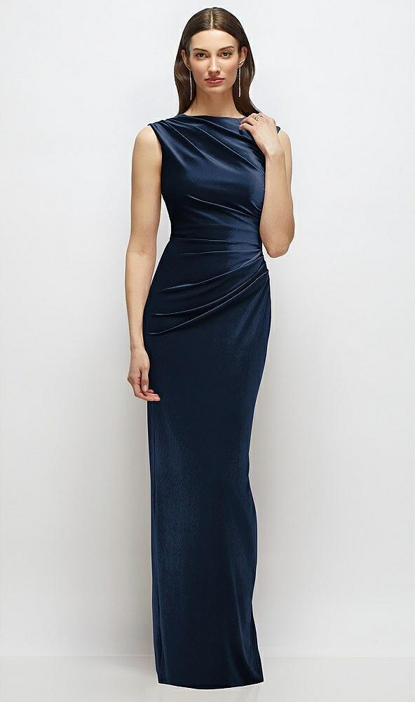 high-neck cap shoulder pleated bodice velvet column maxi dress