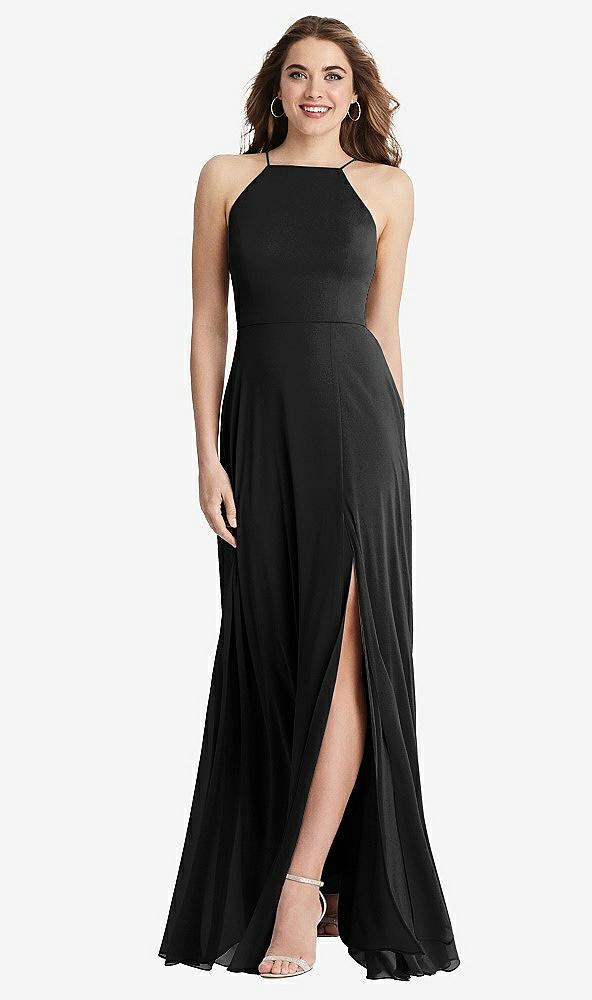 high neck chiffon maxi dress with front slit - lela