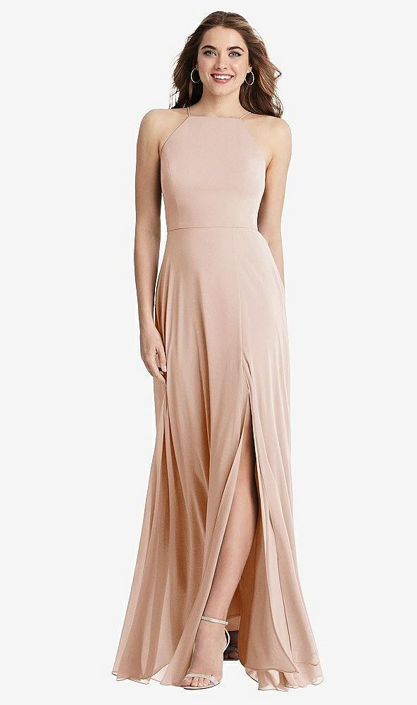 high neck chiffon maxi dress with front slit - lela