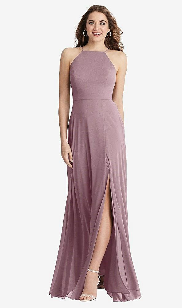 high neck chiffon maxi dress with front slit - lela