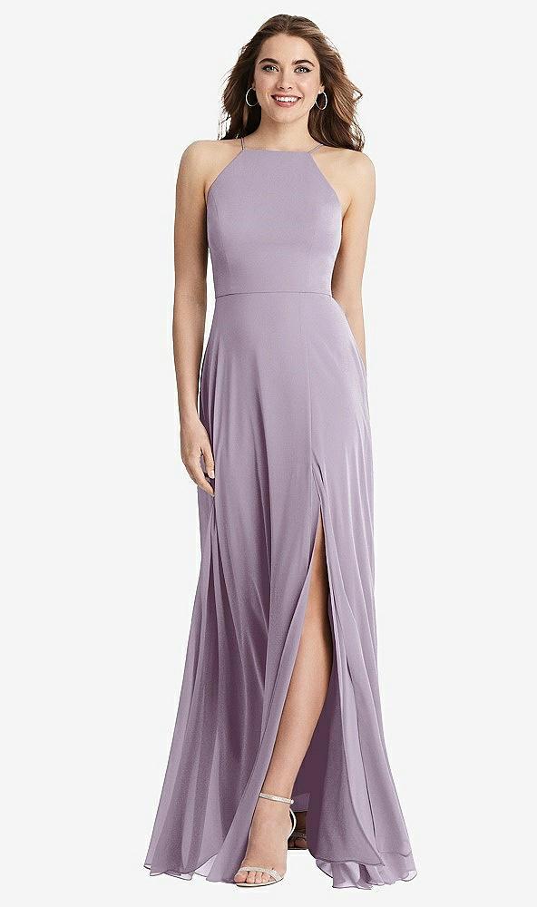 high neck chiffon maxi dress with front slit - lela