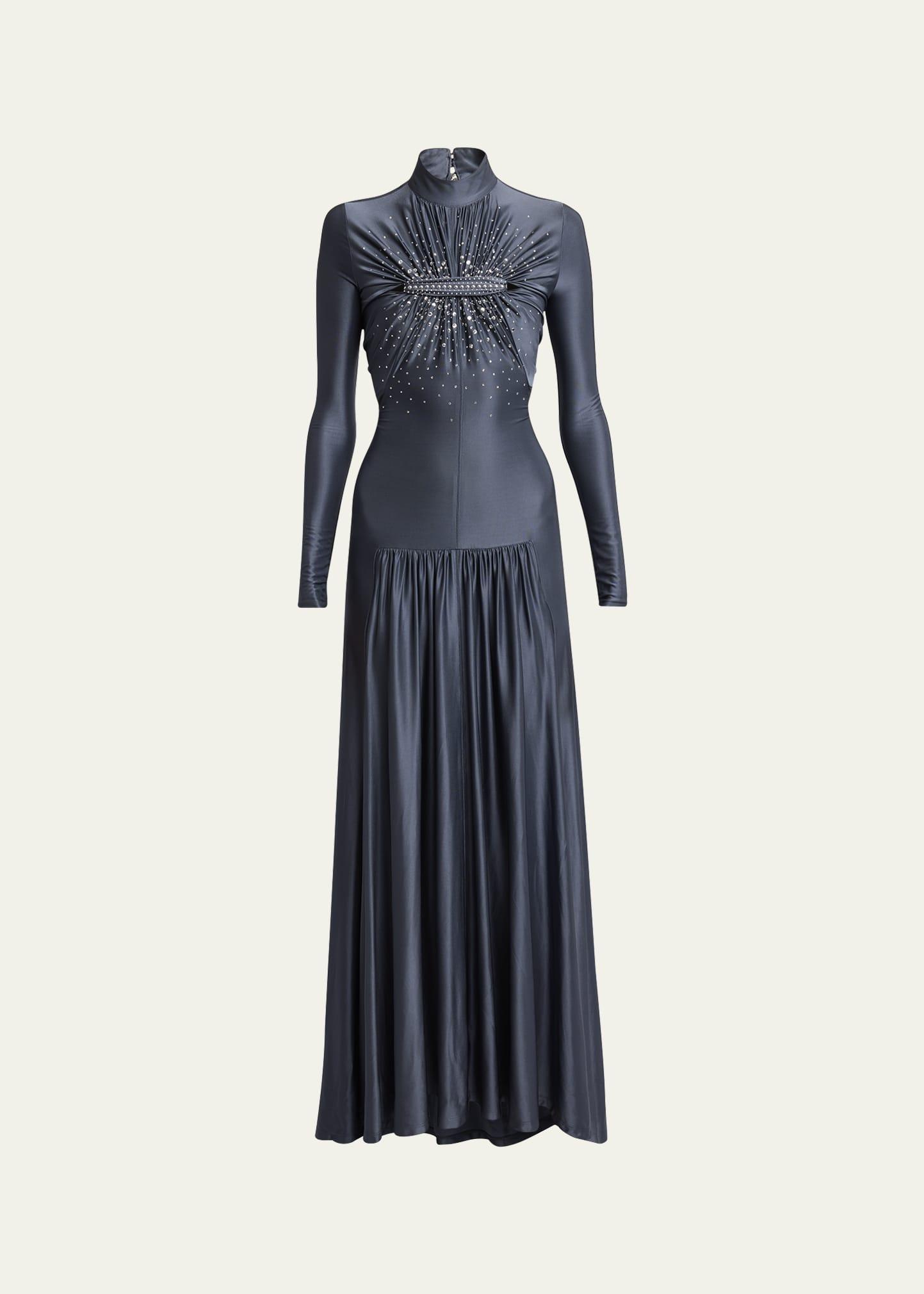 high-neck crystal ruched  cutout jersey gown