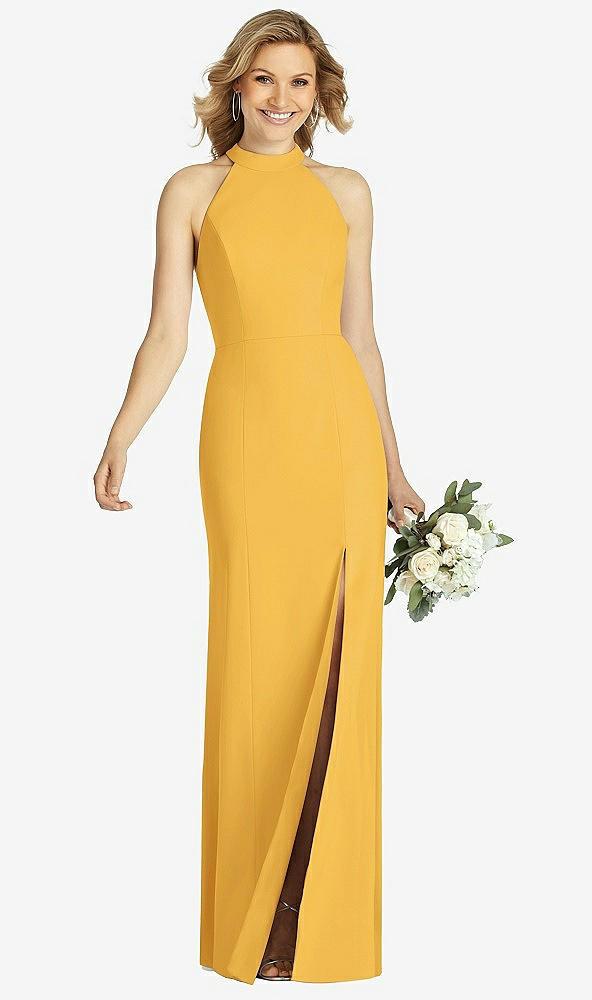 high-neck cutout halter trumpet gown