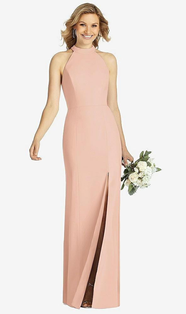 high-neck cutout halter trumpet gown
