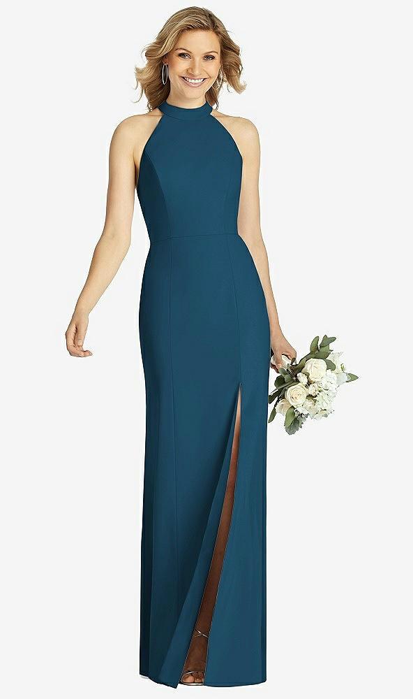 high-neck cutout halter trumpet gown