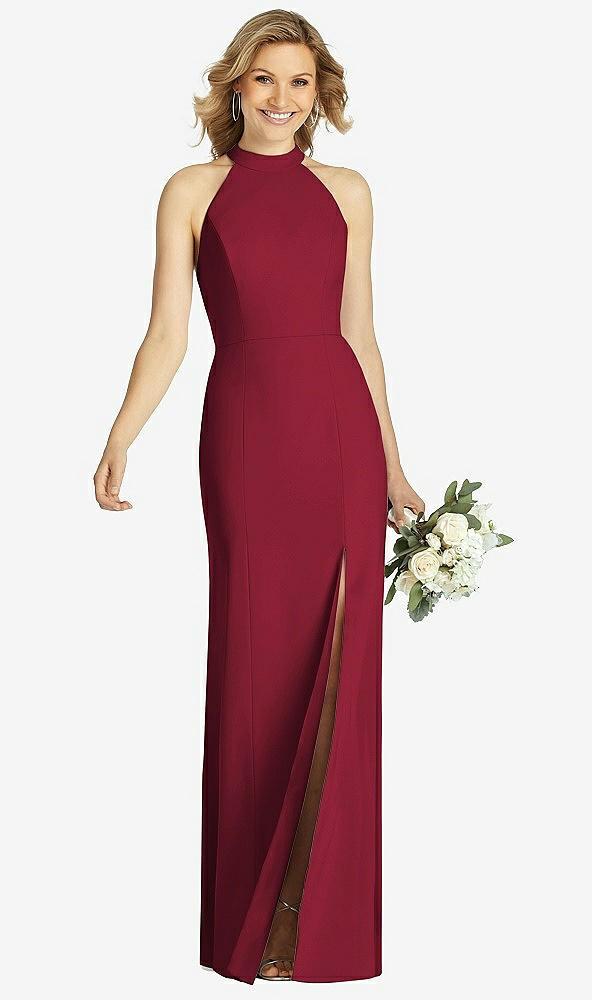 high-neck cutout halter trumpet gown