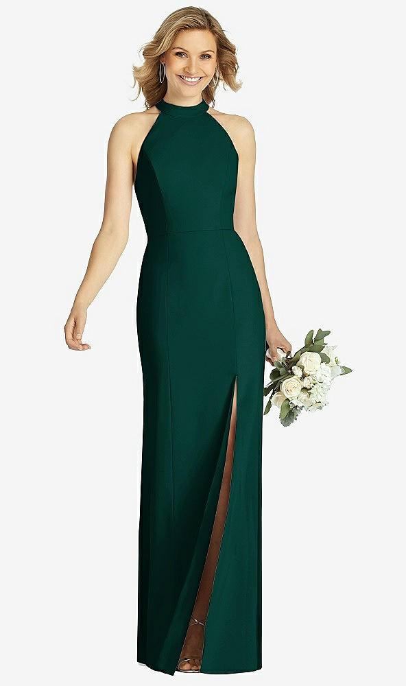 high-neck cutout halter trumpet gown