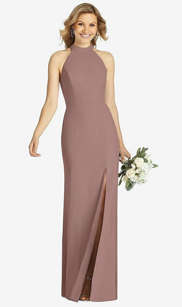 high-neck cutout halter trumpet gown