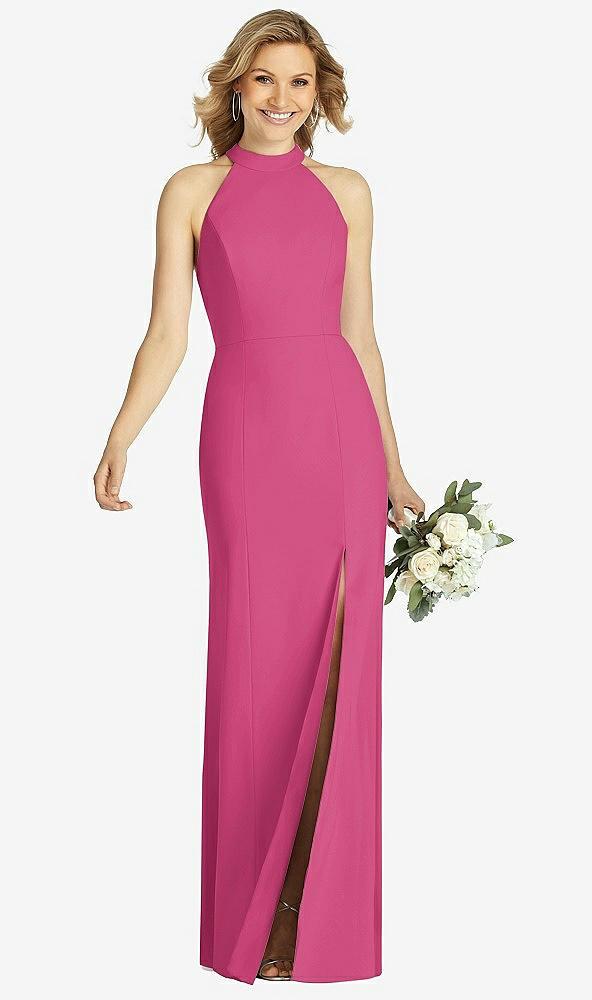 high-neck cutout halter trumpet gown