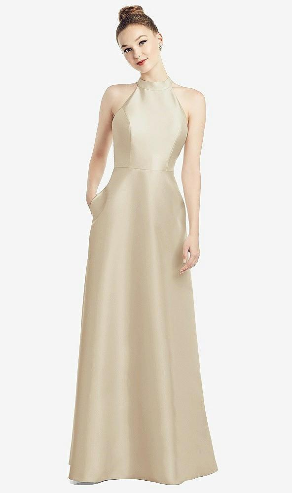 high-neck cutout satin dress with pockets