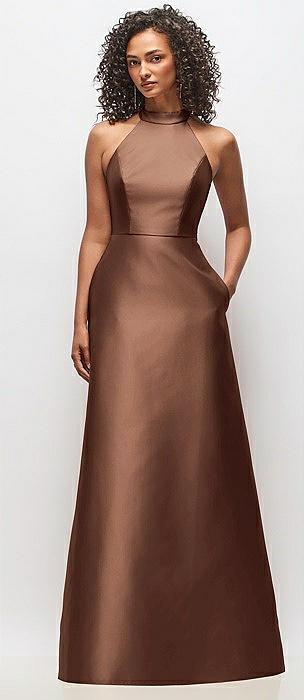 high-neck cutout satin dress with pockets