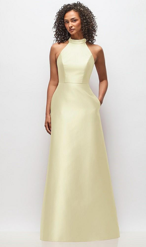 high-neck cutout satin dress with pockets