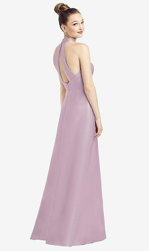high-neck cutout satin dress with pockets