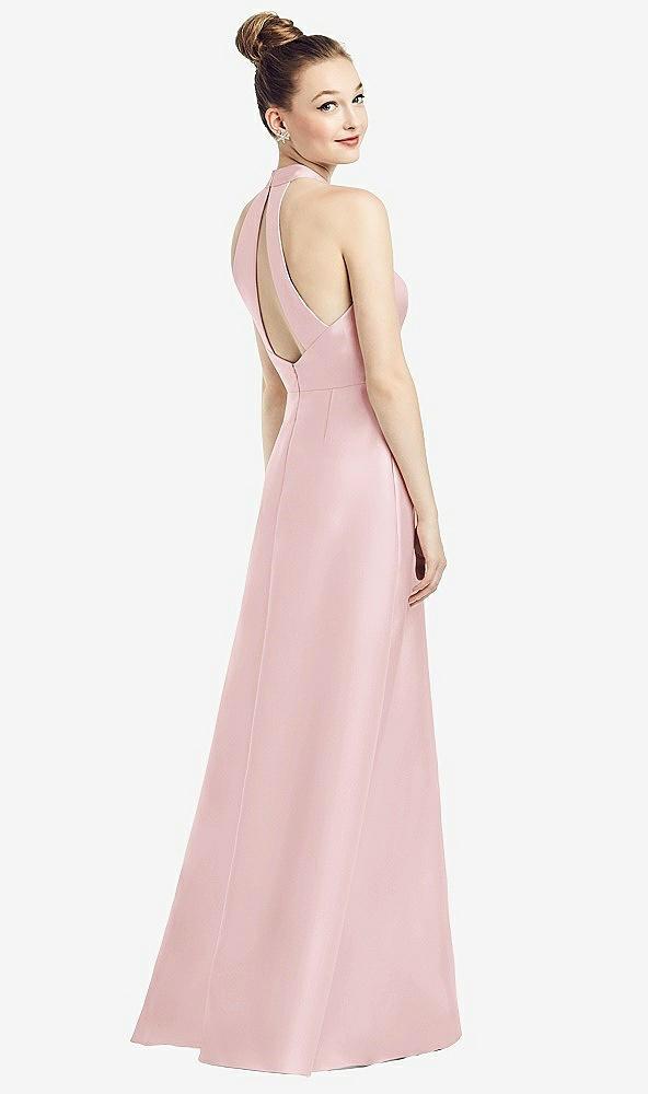 high-neck cutout satin dress with pockets