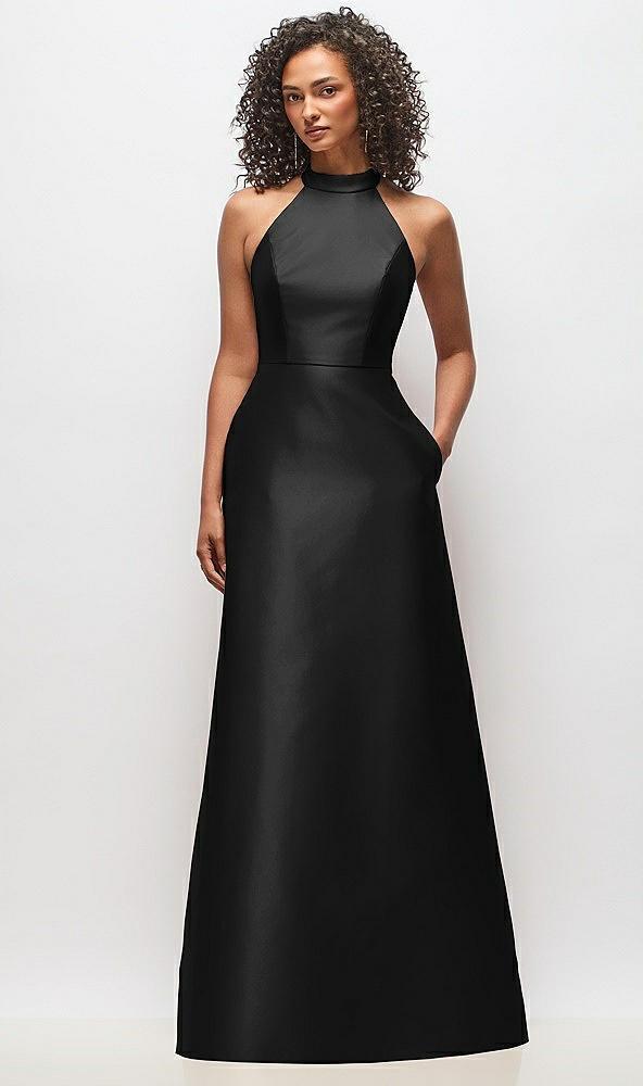 high-neck cutout satin dress with pockets