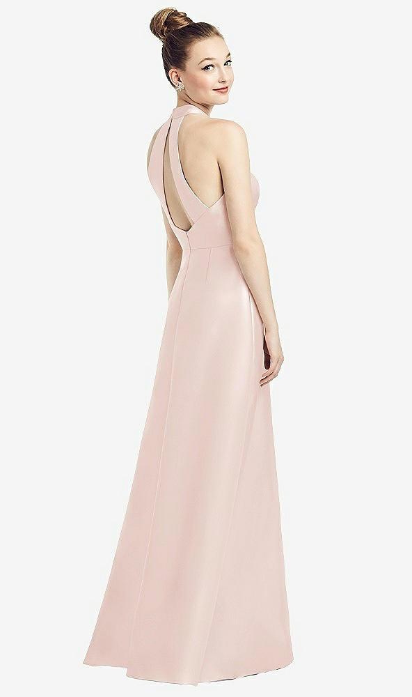 high-neck cutout satin dress with pockets
