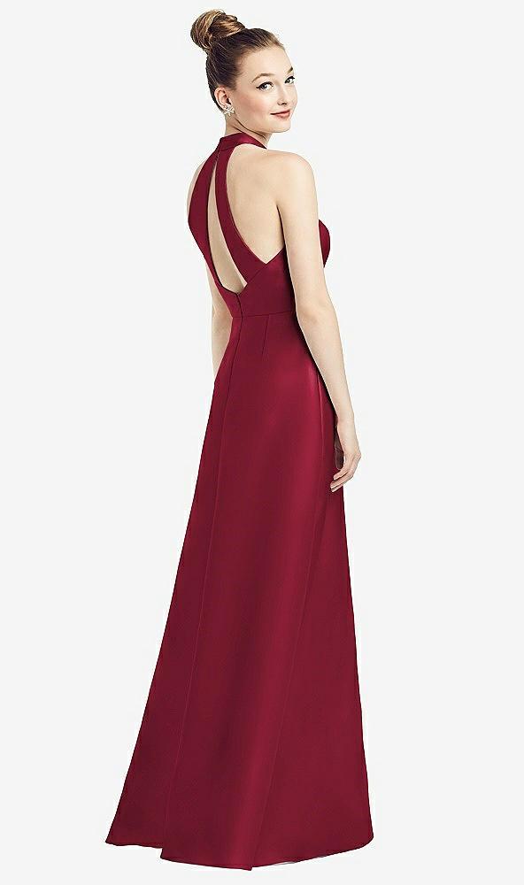 high-neck cutout satin dress with pockets
