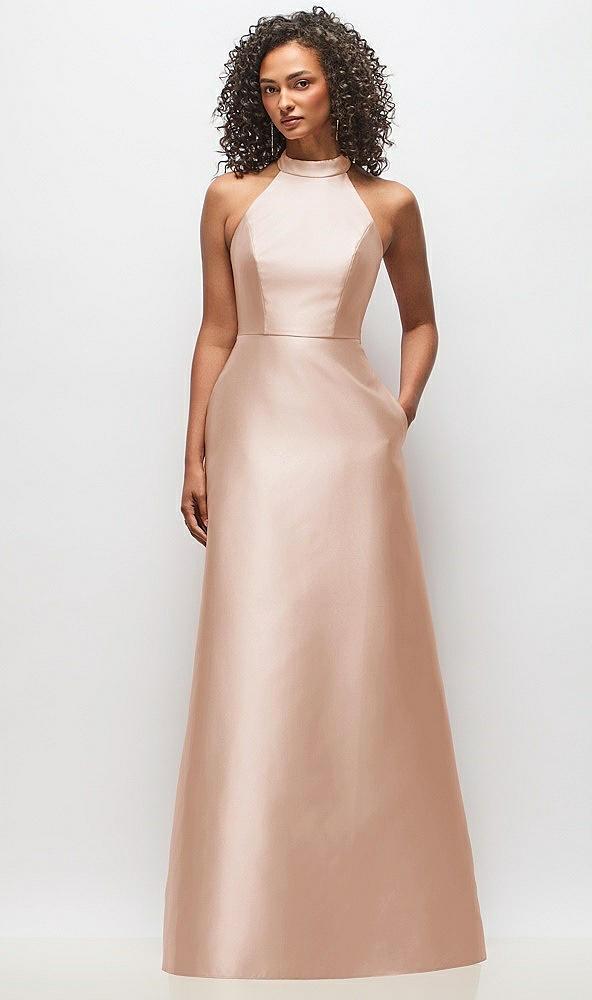high-neck cutout satin dress with pockets