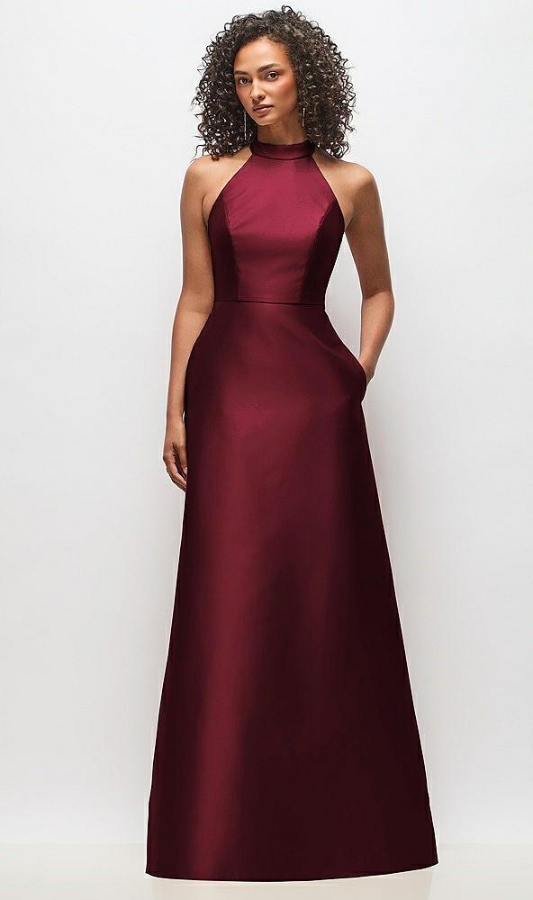 high-neck cutout satin dress with pockets