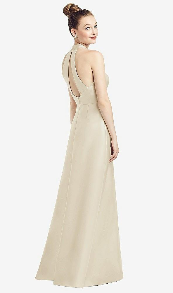 high-neck cutout satin dress with pockets