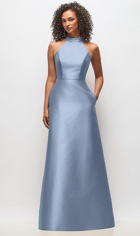 high-neck cutout satin dress with pockets