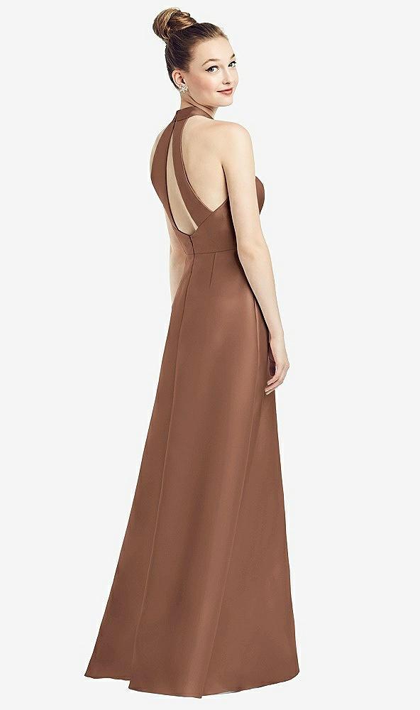 high-neck cutout satin dress with pockets