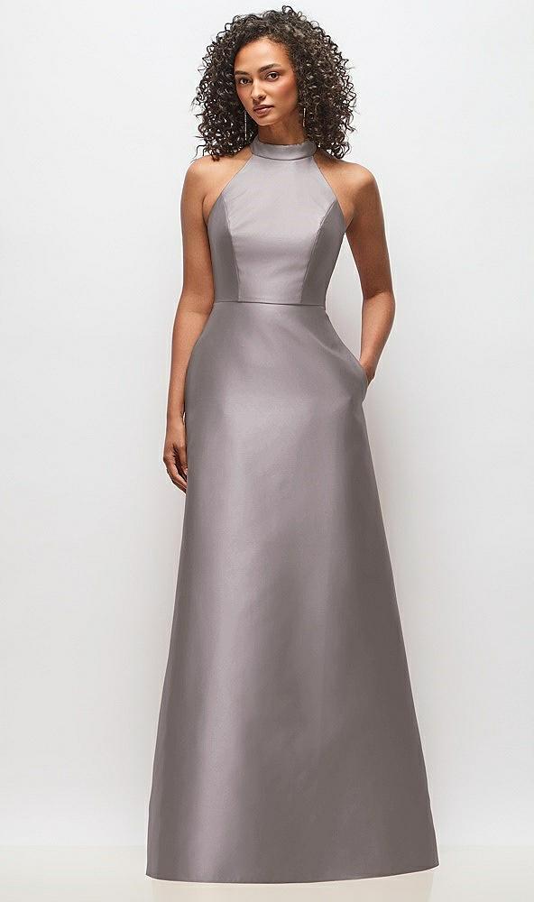 high-neck cutout satin dress with pockets