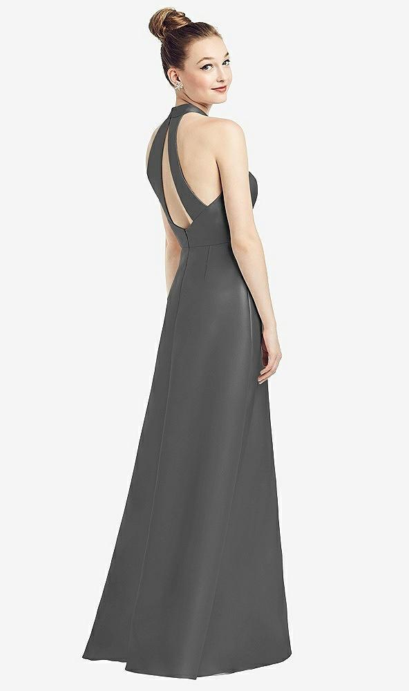 high-neck cutout satin dress with pockets