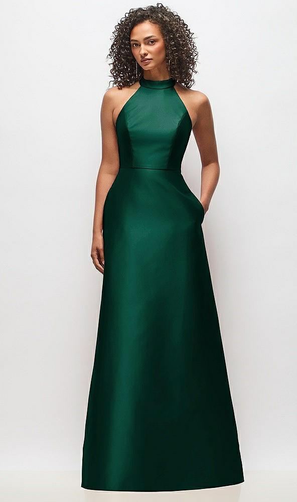 high-neck cutout satin dress with pockets