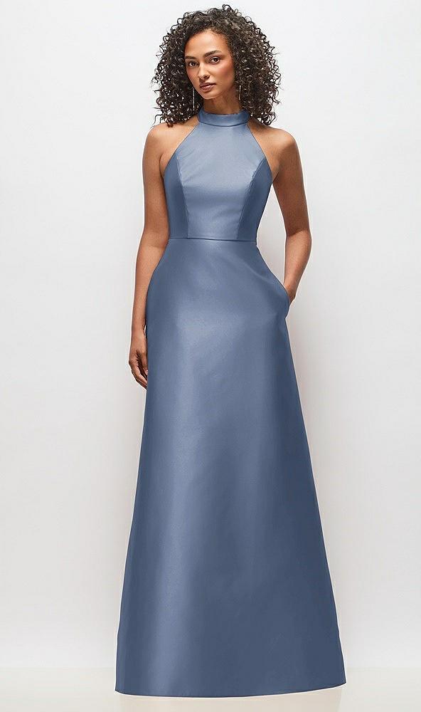 high-neck cutout satin dress with pockets