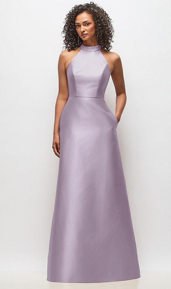 high-neck cutout satin dress with pockets