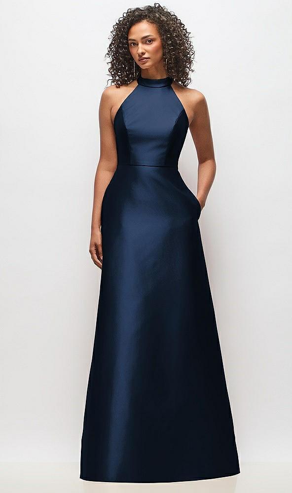 high-neck cutout satin dress with pockets