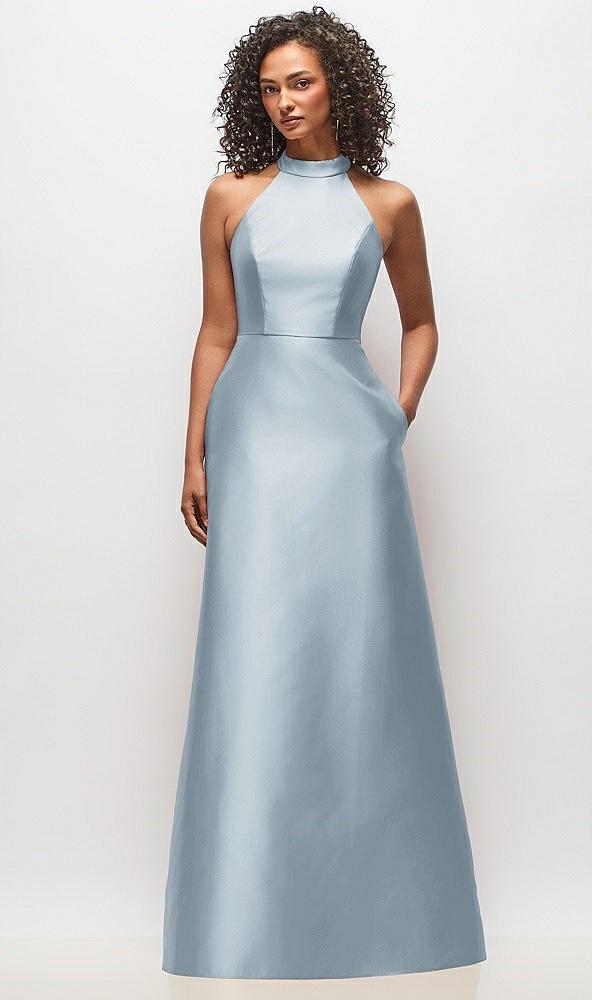 high-neck cutout satin dress with pockets