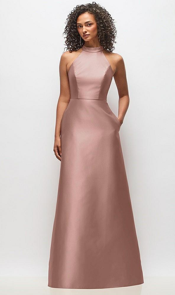 high-neck cutout satin dress with pockets