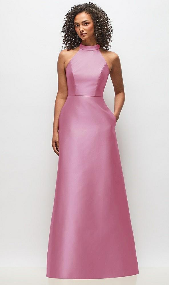 high-neck cutout satin dress with pockets