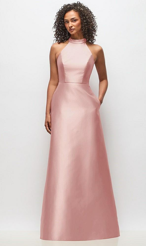 high-neck cutout satin dress with pockets