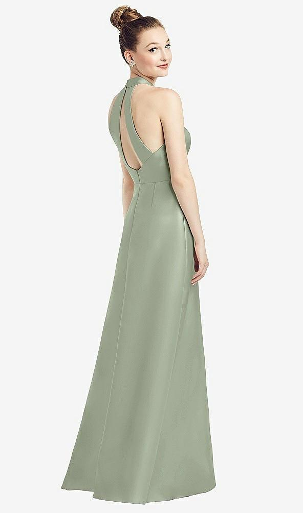 high-neck cutout satin dress with pockets