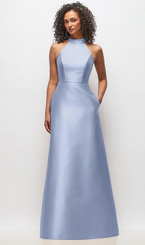 high-neck cutout satin dress with pockets