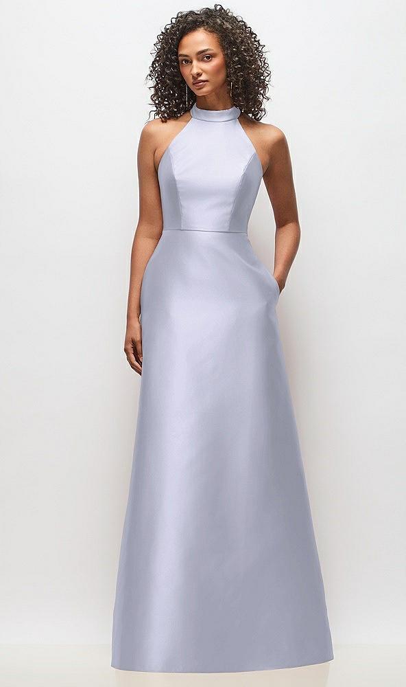 high-neck cutout satin dress with pockets