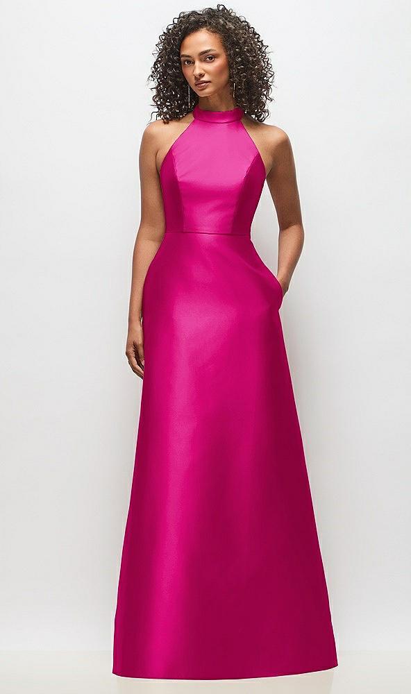 high-neck cutout satin dress with pockets