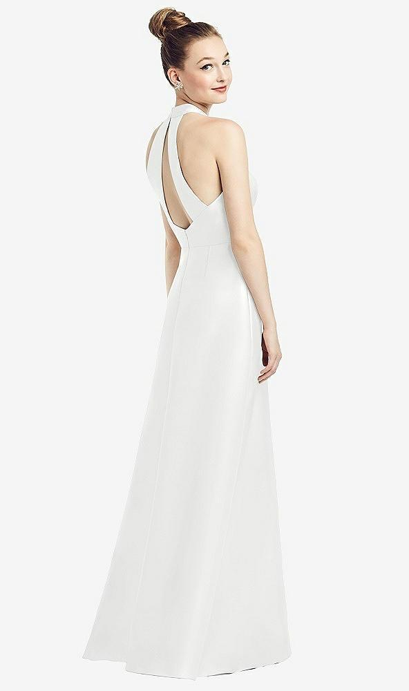 high-neck cutout satin dress with pockets