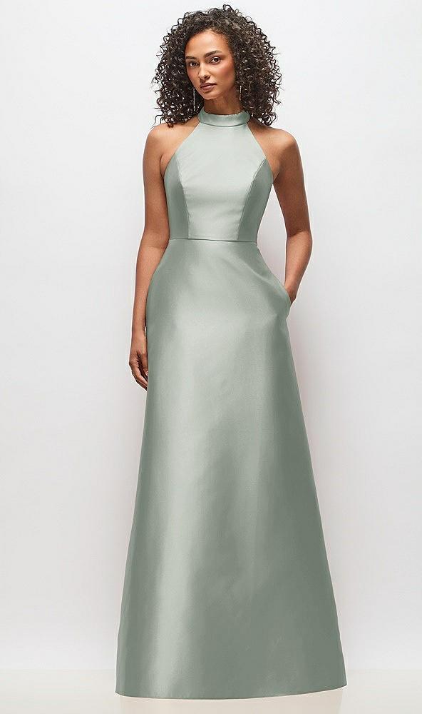 high-neck cutout satin dress with pockets