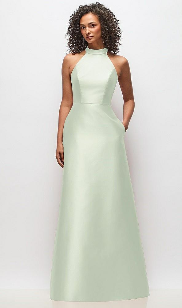 high-neck cutout satin dress with pockets