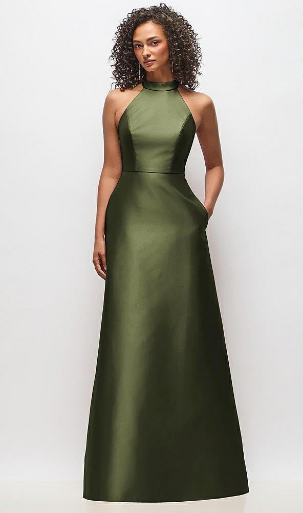 high-neck cutout satin dress with pockets