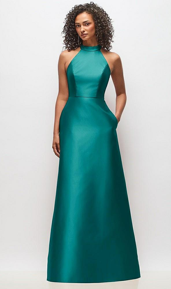 high-neck cutout satin dress with pockets