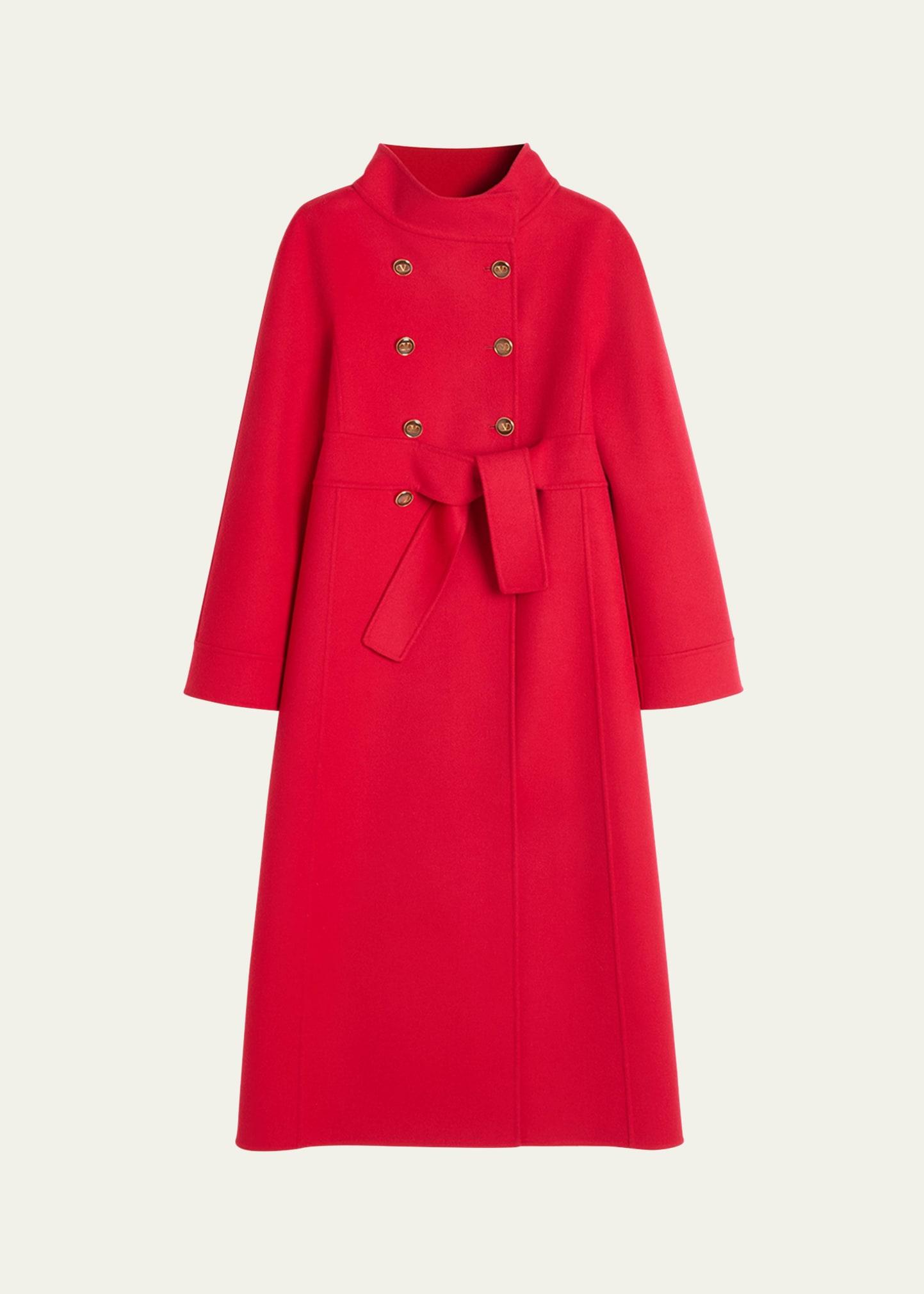 high-neck double-breast belted wool cashmere coat