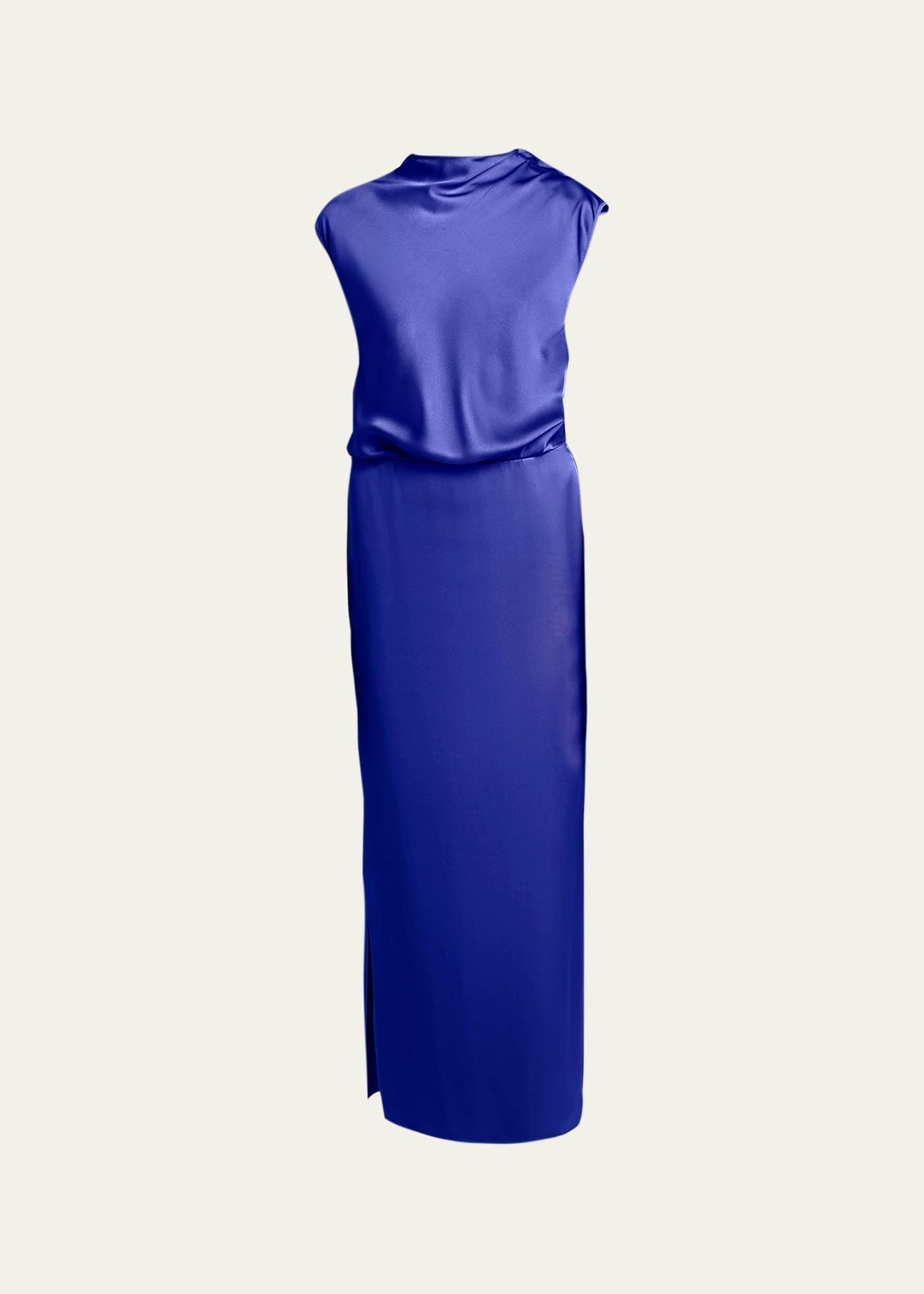 high-neck double silk satin gown