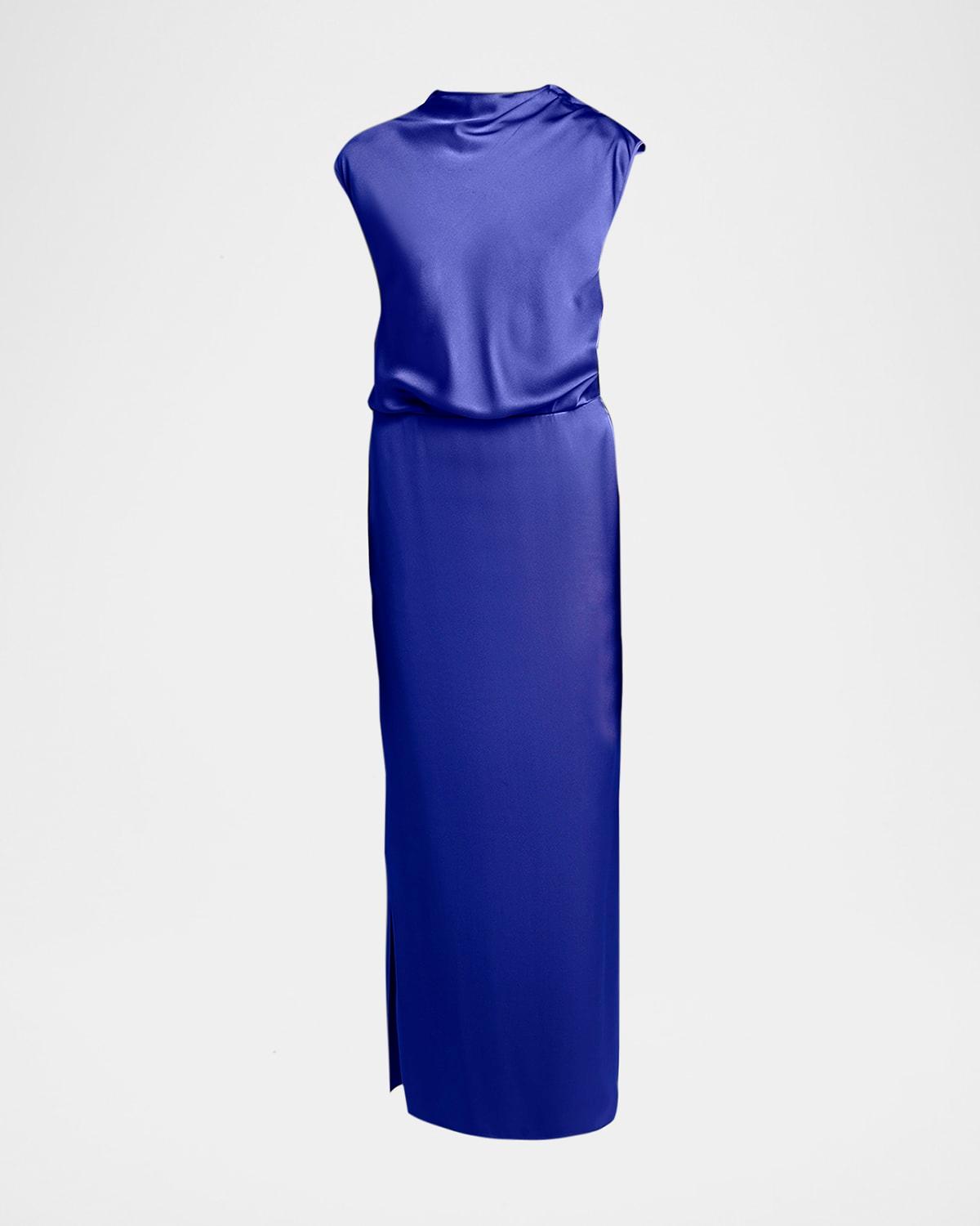 high-neck double silk satin gown